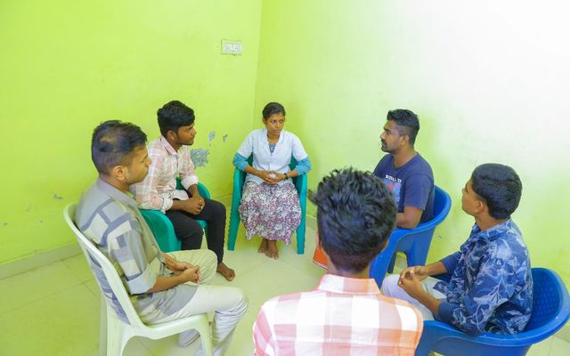 A group therapy circle at Dunamis, part of aftercare and relapse prevention in Madurai